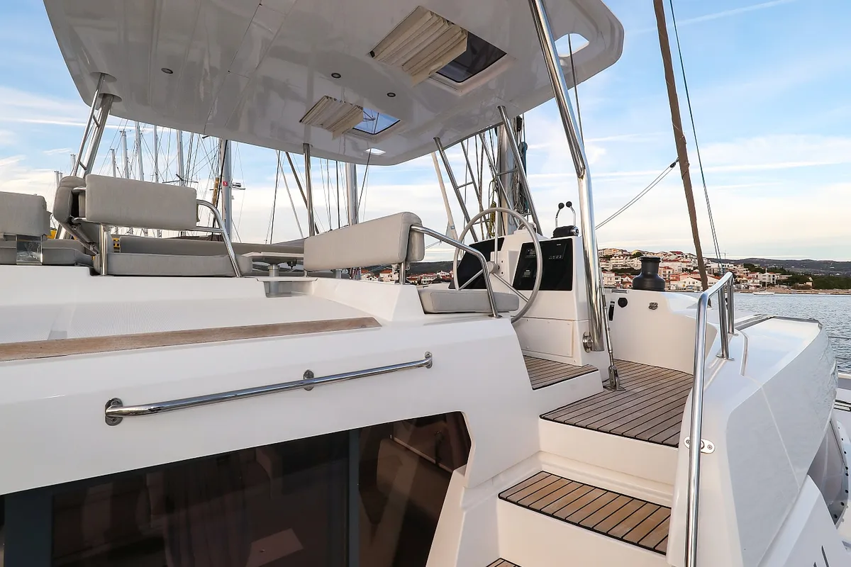 Cockpit of Carpe Diem, a Bali 4.8 catamaran at Grad Trogir, Croatia