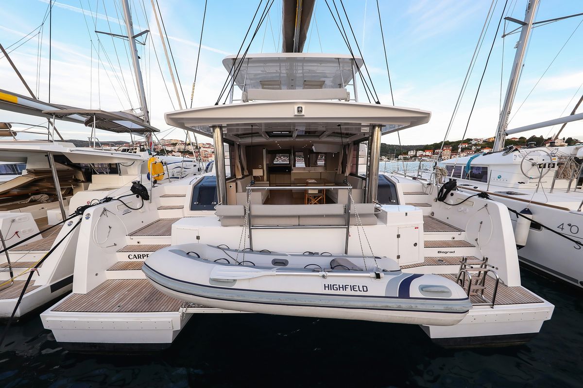 Exterior view of Carpe Diem, a Bali 4.8 catamaran at Grad Trogir, Croatia