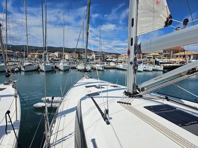 Deck of Salvia, a Bavaria 51 Cruiser sailboat at Municipal Unit of Lefkada, Greece