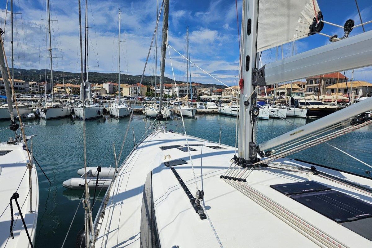Deck of Salvia, a Bavaria 51 Cruiser sailboat at Municipal Unit of Lefkada, Greece