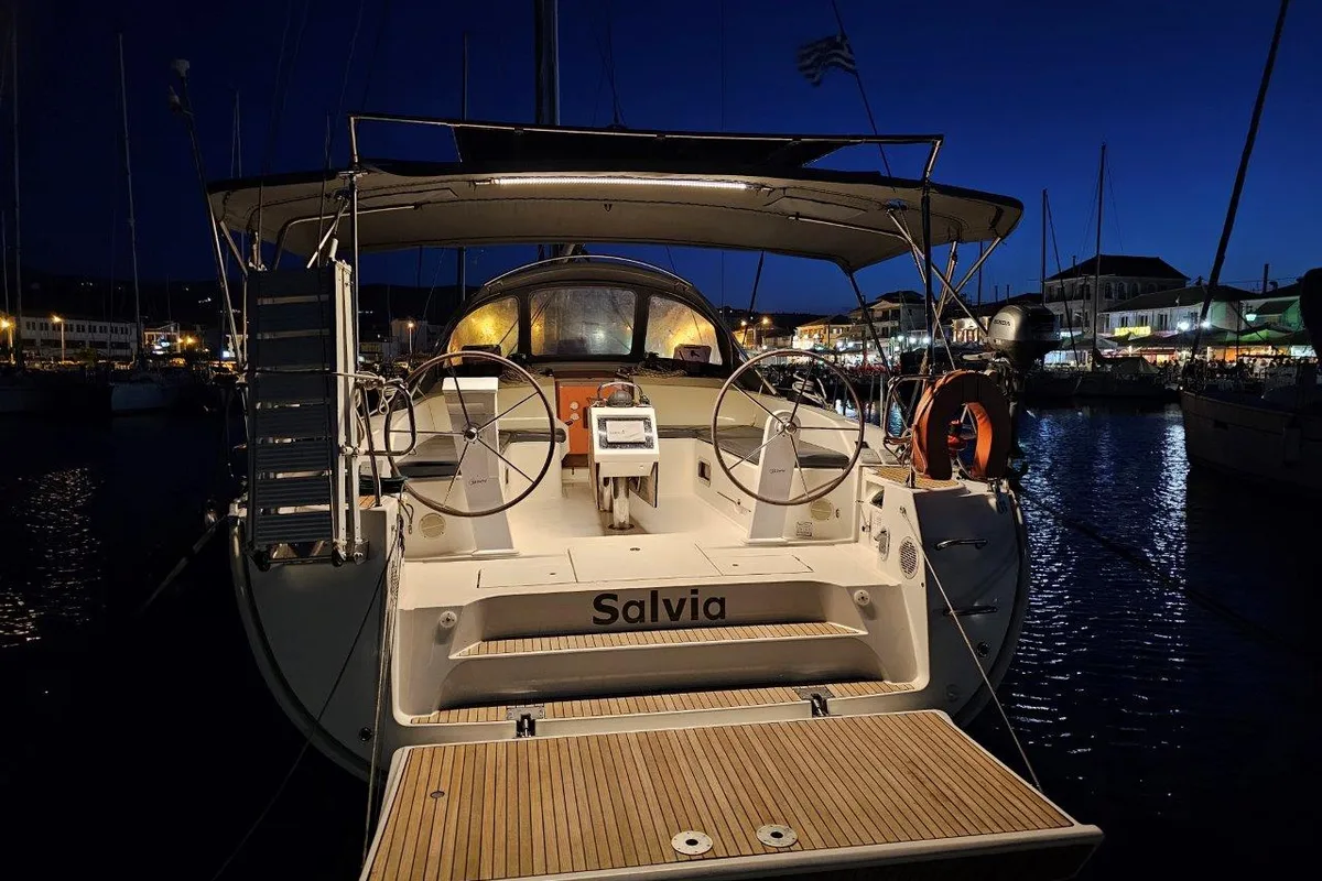 Exterior view of Salvia, a Bavaria 51 Cruiser sailboat at Municipal Unit of Lefkada, Greece