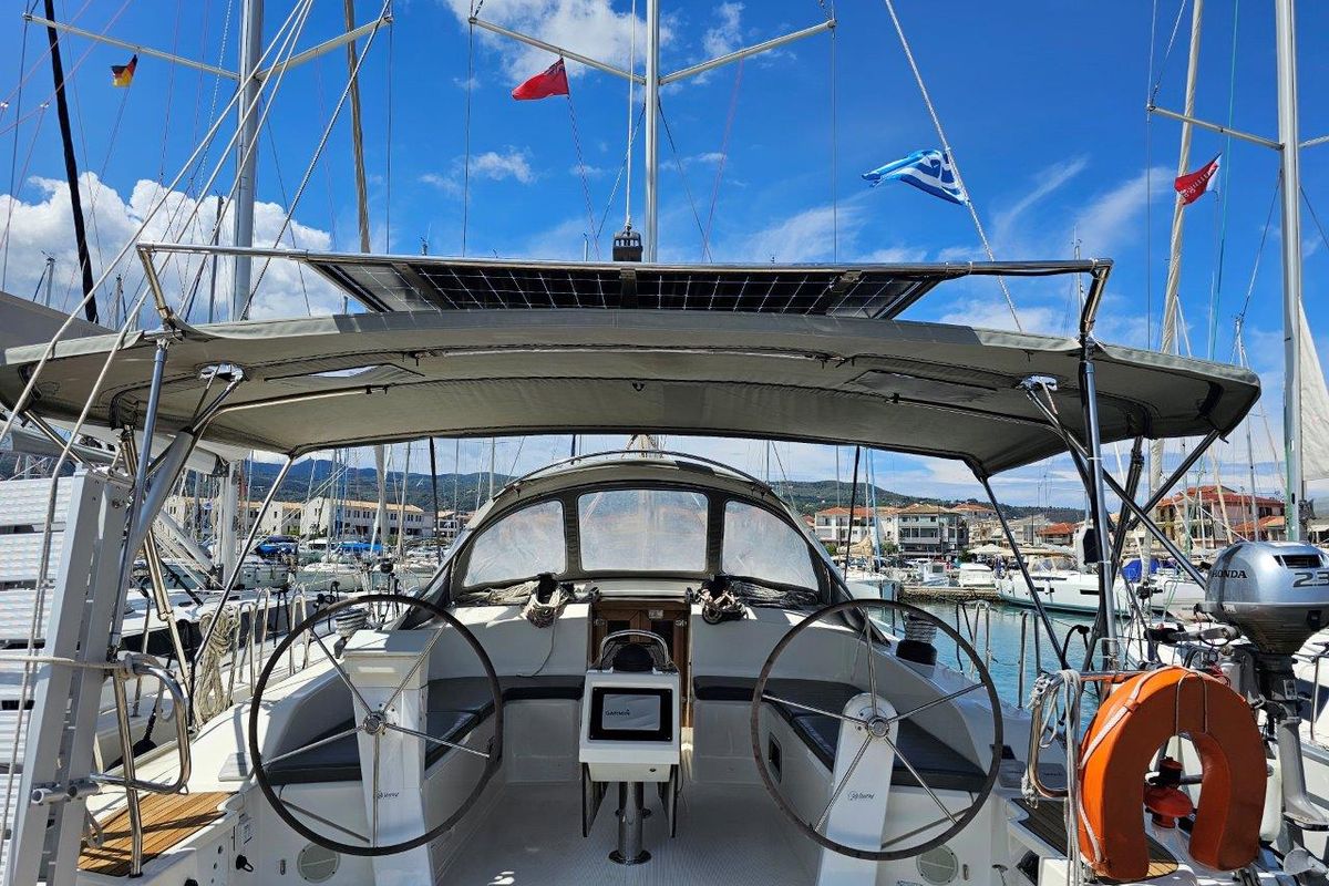 Cockpit of Salvia, a Bavaria 51 Cruiser sailboat at Municipal Unit of Lefkada, Greece