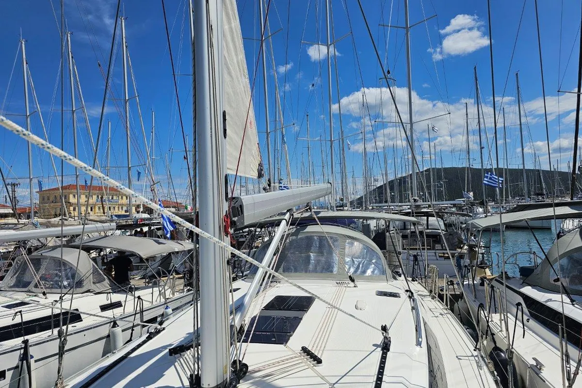 Deck of Salvia, a Bavaria 51 Cruiser sailboat at Municipal Unit of Lefkada, Greece