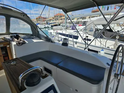 Cockpit of Salvia, a Bavaria 51 Cruiser sailboat at Municipal Unit of Lefkada, Greece