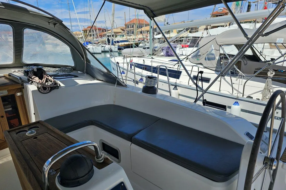 Cockpit of Salvia, a Bavaria 51 Cruiser sailboat at Municipal Unit of Lefkada, Greece