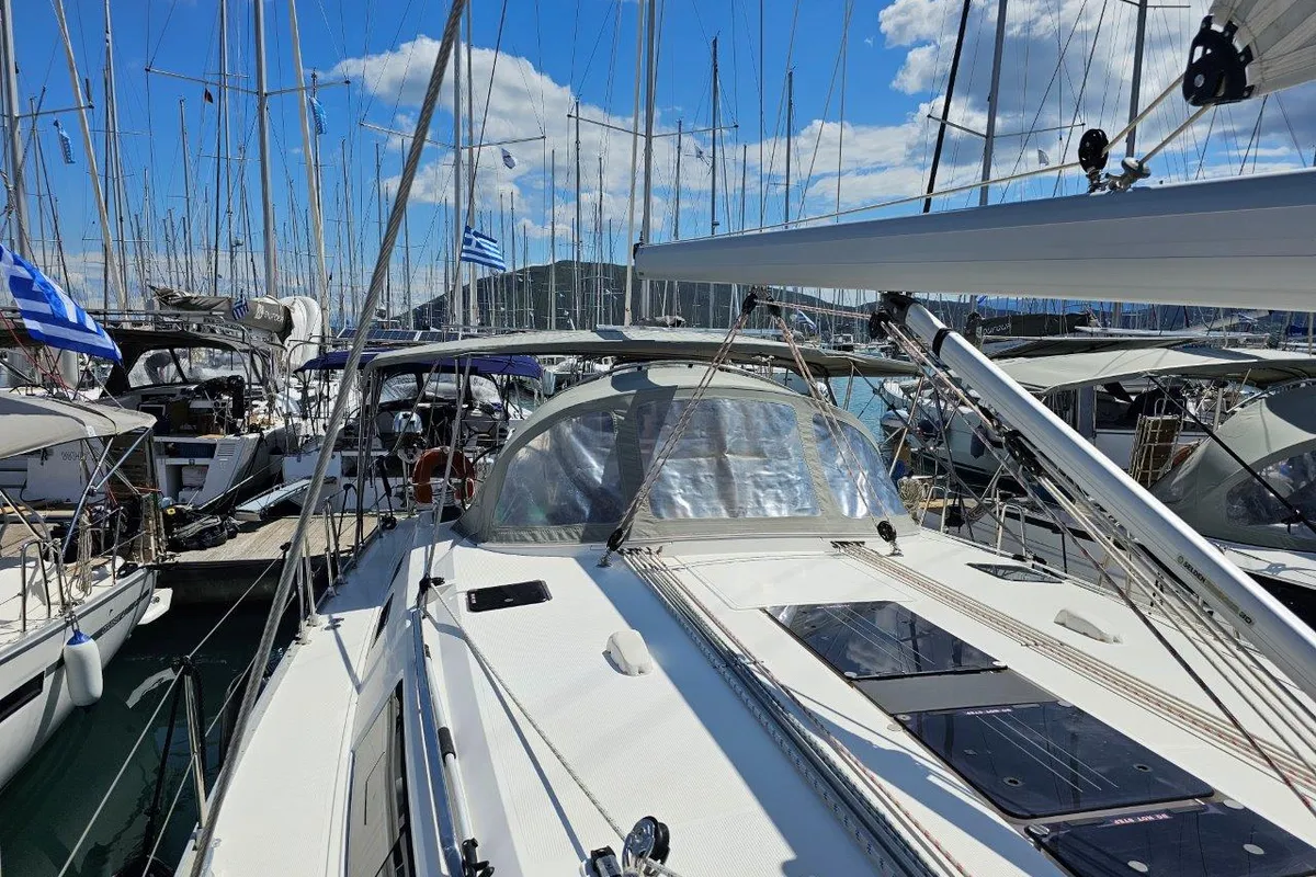 Deck of Salvia, a Bavaria 51 Cruiser sailboat at Municipal Unit of Lefkada, Greece