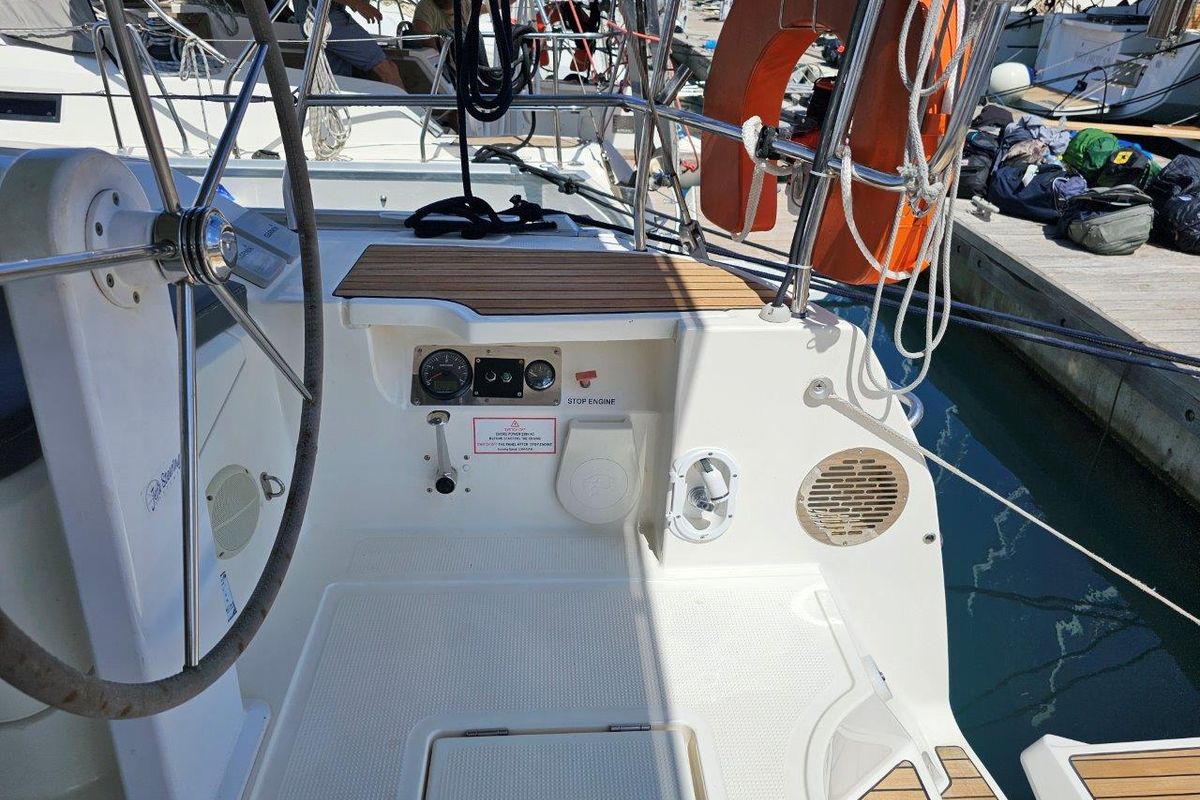 Cockpit of Salvia, a Bavaria 51 Cruiser sailboat at Municipal Unit of Lefkada, Greece