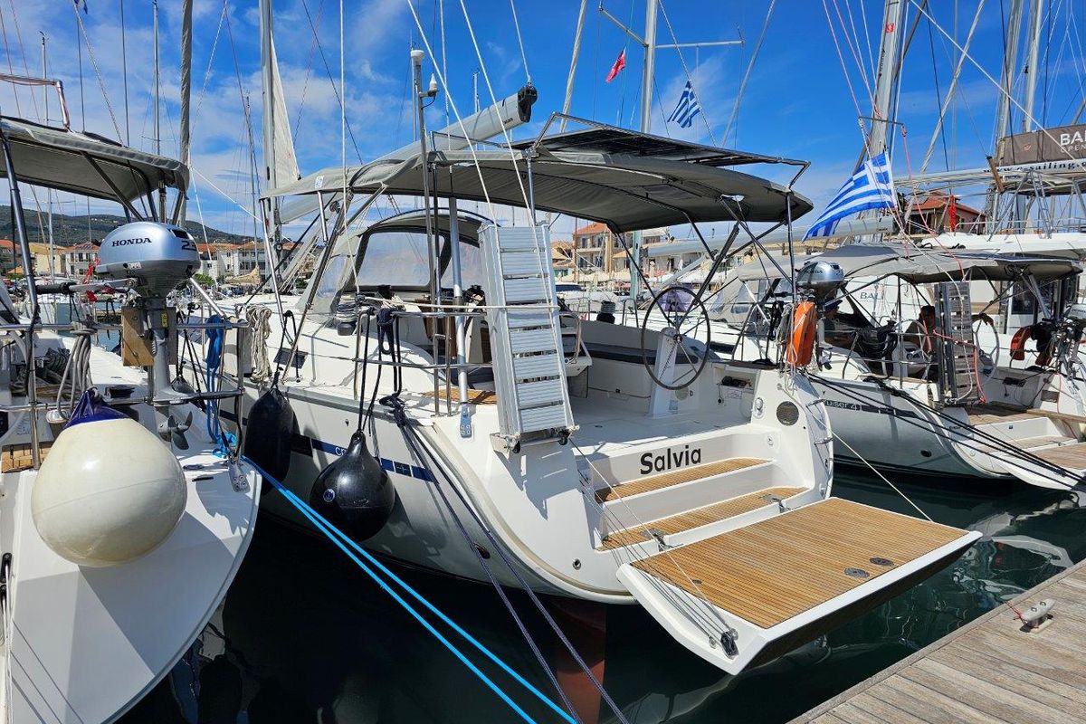 Exterior view of Salvia, a Bavaria 51 Cruiser sailboat at Municipal Unit of Lefkada, Greece