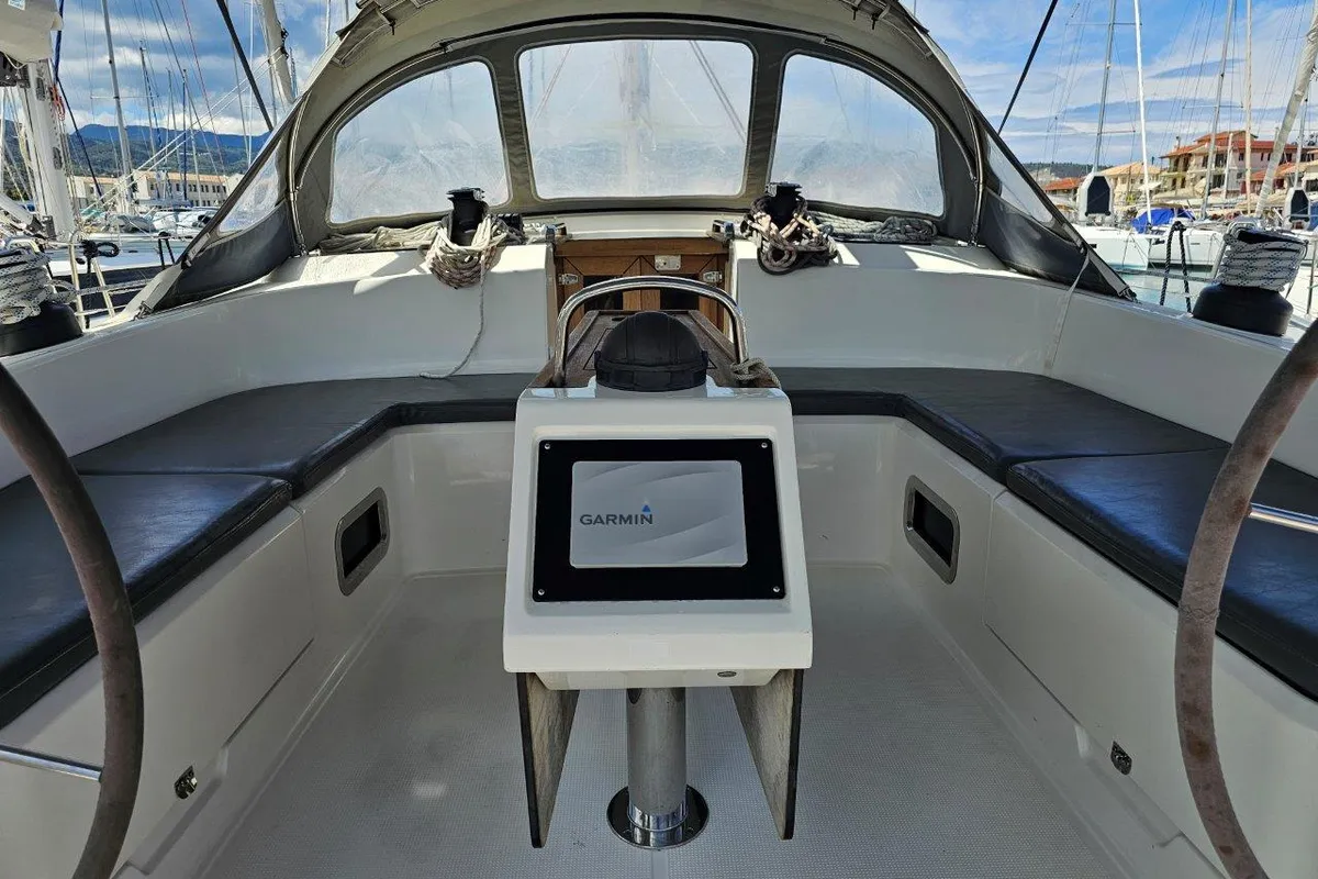 Cockpit of Salvia, a Bavaria 51 Cruiser sailboat at Municipal Unit of Lefkada, Greece