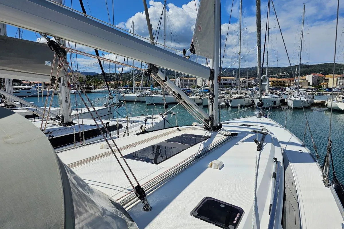 Deck of Salvia, a Bavaria 51 Cruiser sailboat at Municipal Unit of Lefkada, Greece