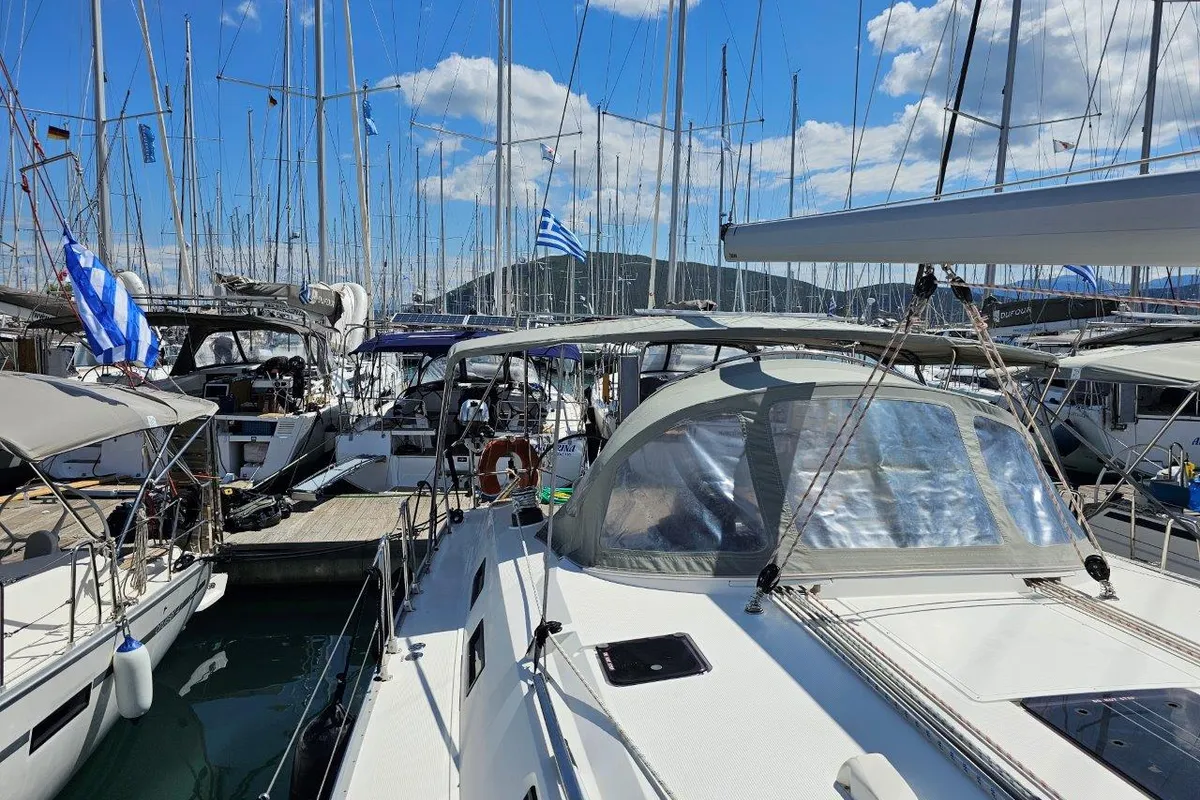 Deck of Salvia, a Bavaria 51 Cruiser sailboat at Municipal Unit of Lefkada, Greece