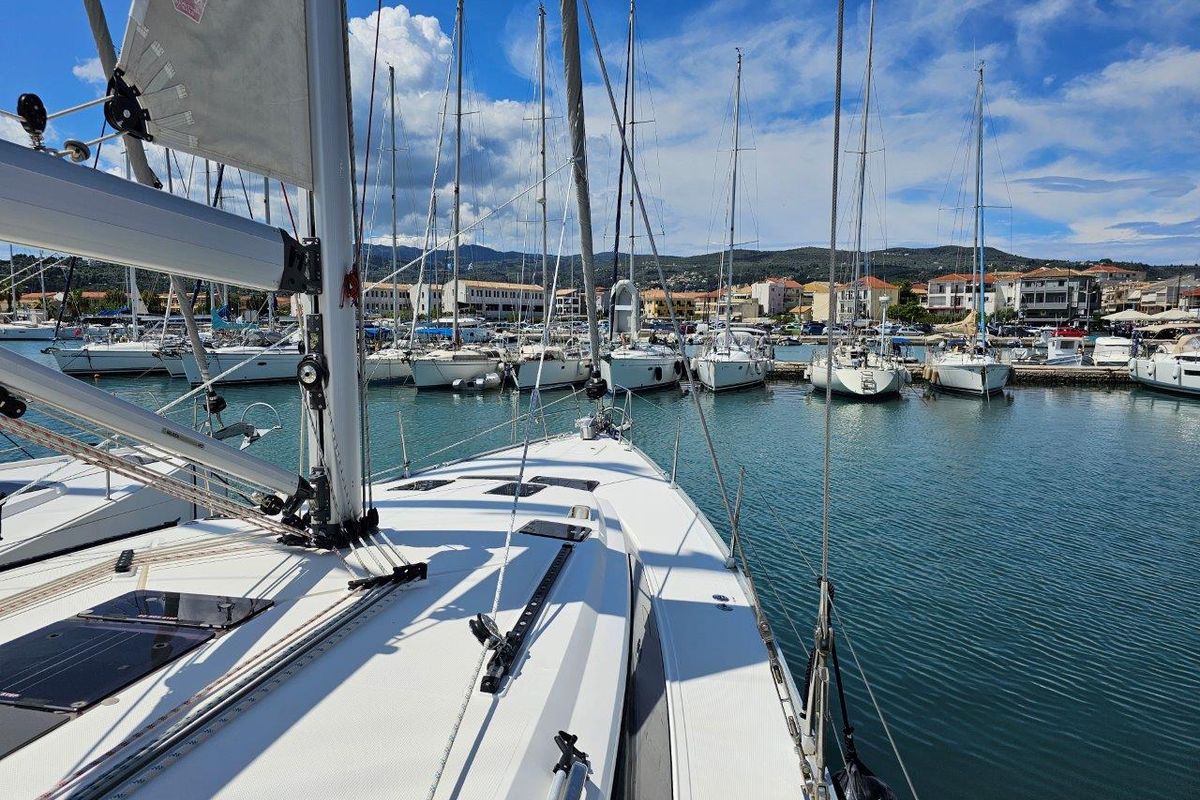 Deck of Salvia, a Bavaria 51 Cruiser sailboat at Municipal Unit of Lefkada, Greece