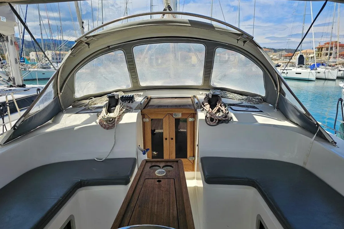 Cockpit of Salvia, a Bavaria 51 Cruiser sailboat at Municipal Unit of Lefkada, Greece
