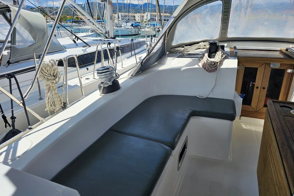 Deck of Salvia, a Bavaria 51 Cruiser sailboat at Municipal Unit of Lefkada, Greece