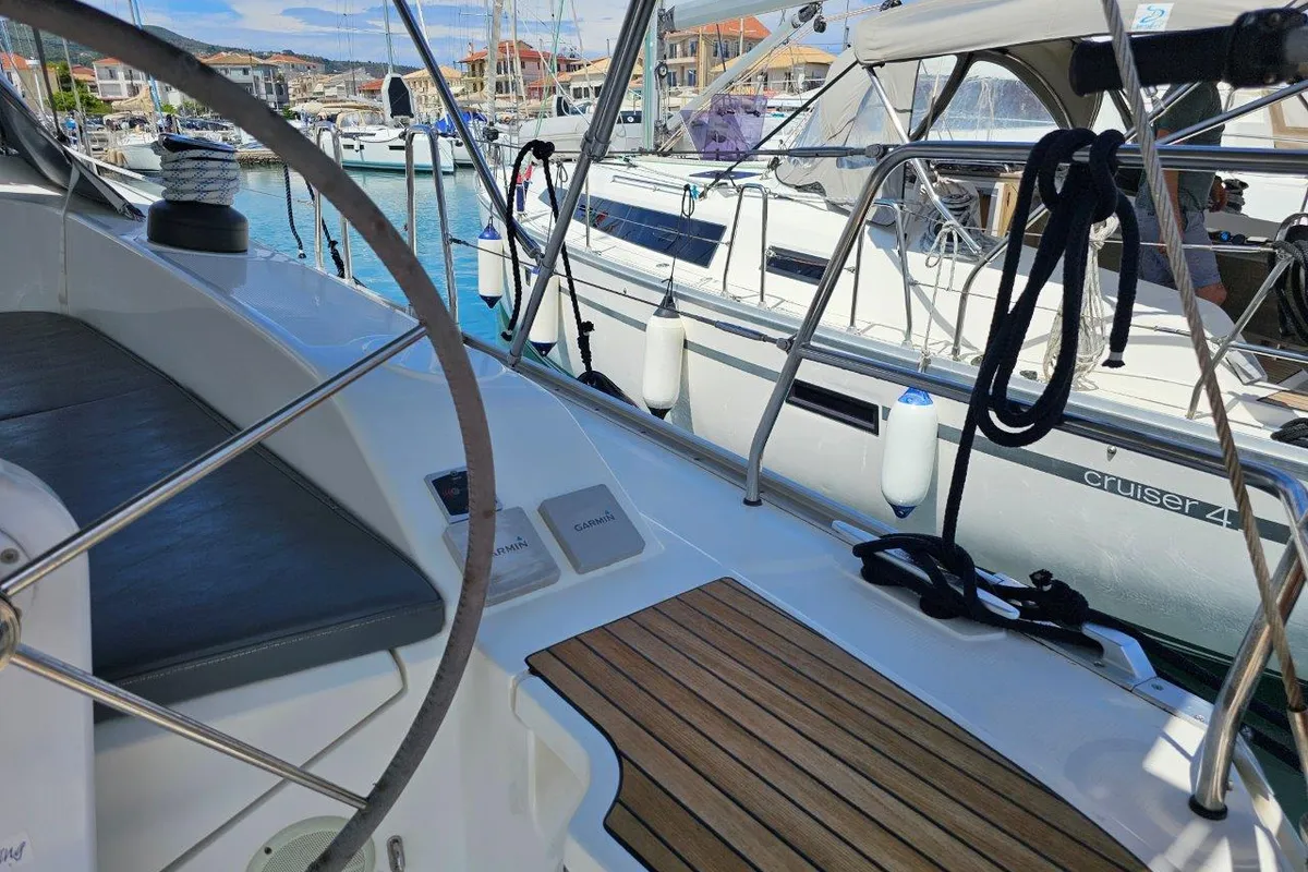 Deck of Salvia, a Bavaria 51 Cruiser sailboat at Municipal Unit of Lefkada, Greece
