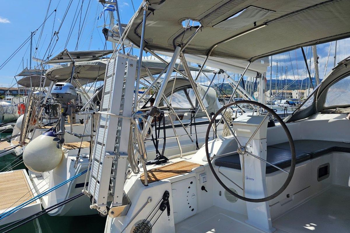 Cockpit of Salvia, a Bavaria 51 Cruiser sailboat at Municipal Unit of Lefkada, Greece