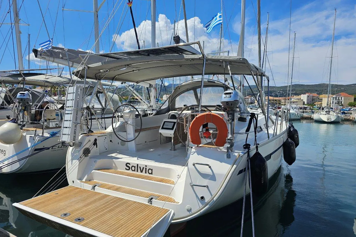 Exterior view of Salvia, a Bavaria 51 Cruiser sailboat at Municipal Unit of Lefkada, Greece