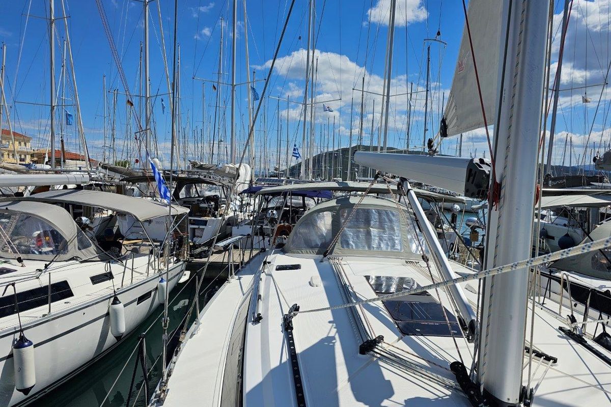 Deck of Salvia, a Bavaria 51 Cruiser sailboat at Municipal Unit of Lefkada, Greece