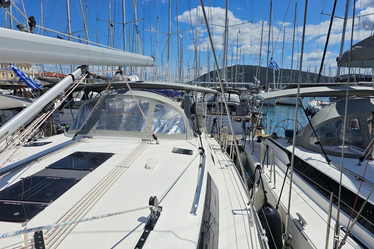 Deck of Salvia, a Bavaria 51 Cruiser sailboat at Municipal Unit of Lefkada, Greece
