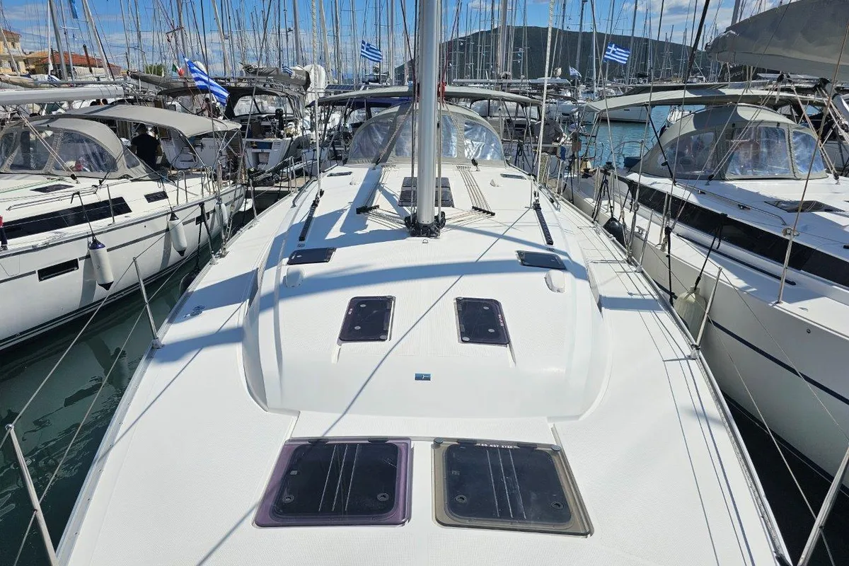 Deck of Salvia, a Bavaria 51 Cruiser sailboat at Municipal Unit of Lefkada, Greece