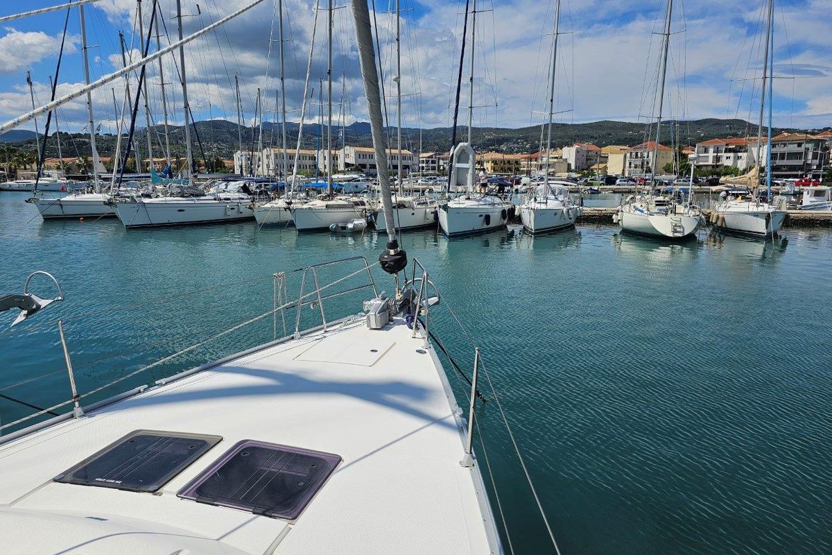 Exterior view of Salvia, a Bavaria 51 Cruiser sailboat at Municipal Unit of Lefkada, Greece