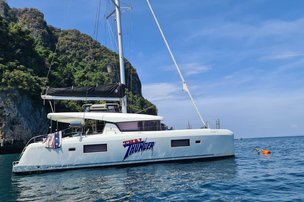 Exterior view of Thai Thunder, a Lagoon 42 catamaran at Mai Khao, Thailand