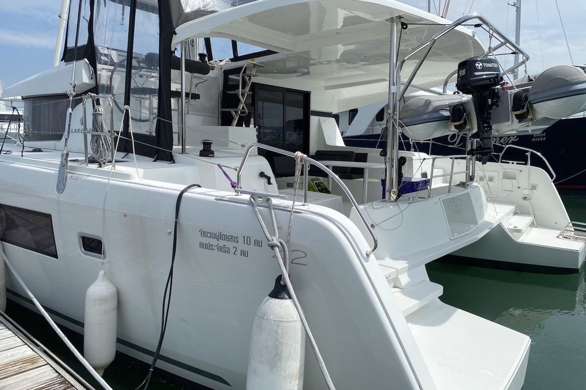 Exterior view of Thai Thunder, a Lagoon 42 catamaran at Mai Khao, Thailand