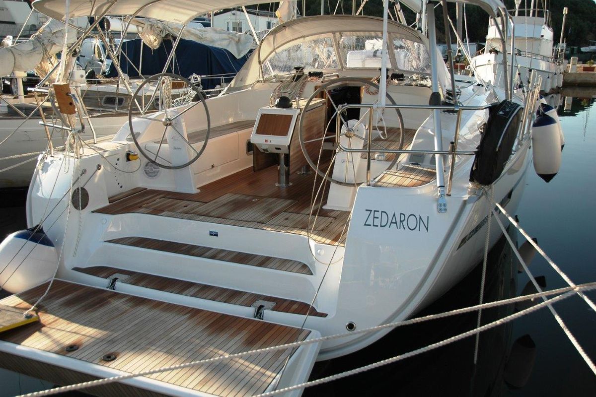 Exterior view of Zedaron, a Bavaria Cruiser 51 sailboat at Olbia, Italy