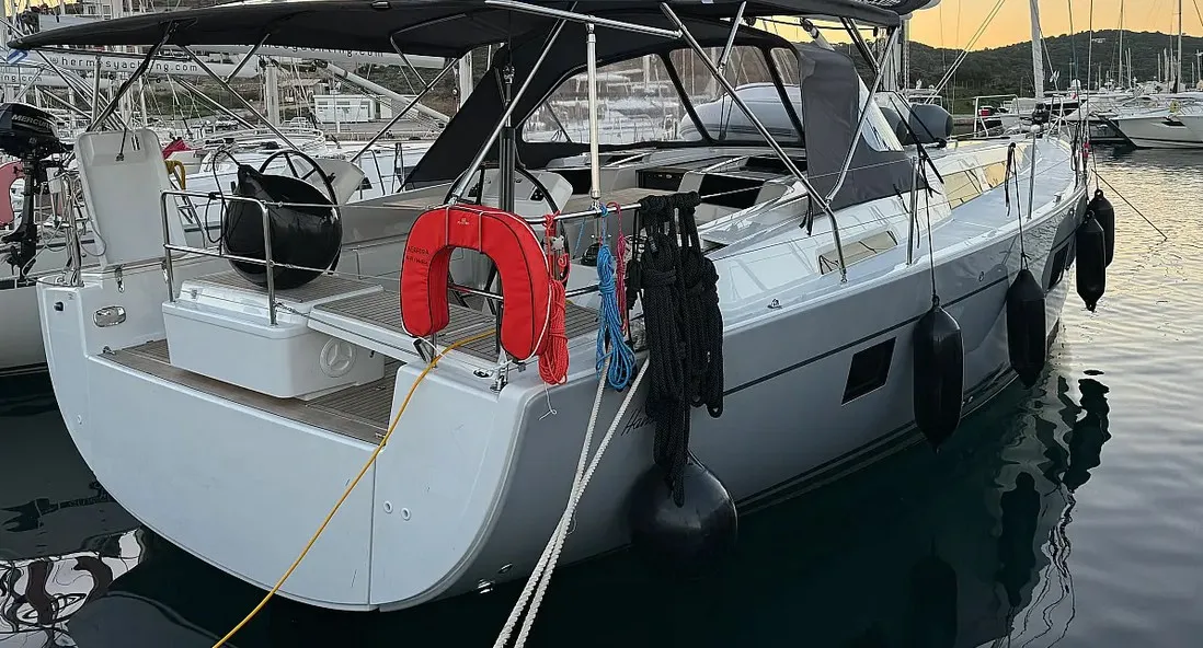 Exterior view of Neraida, a Hanse Yachts Hanse 508 sailboat at Municipal Unit of Lefkada, Greece