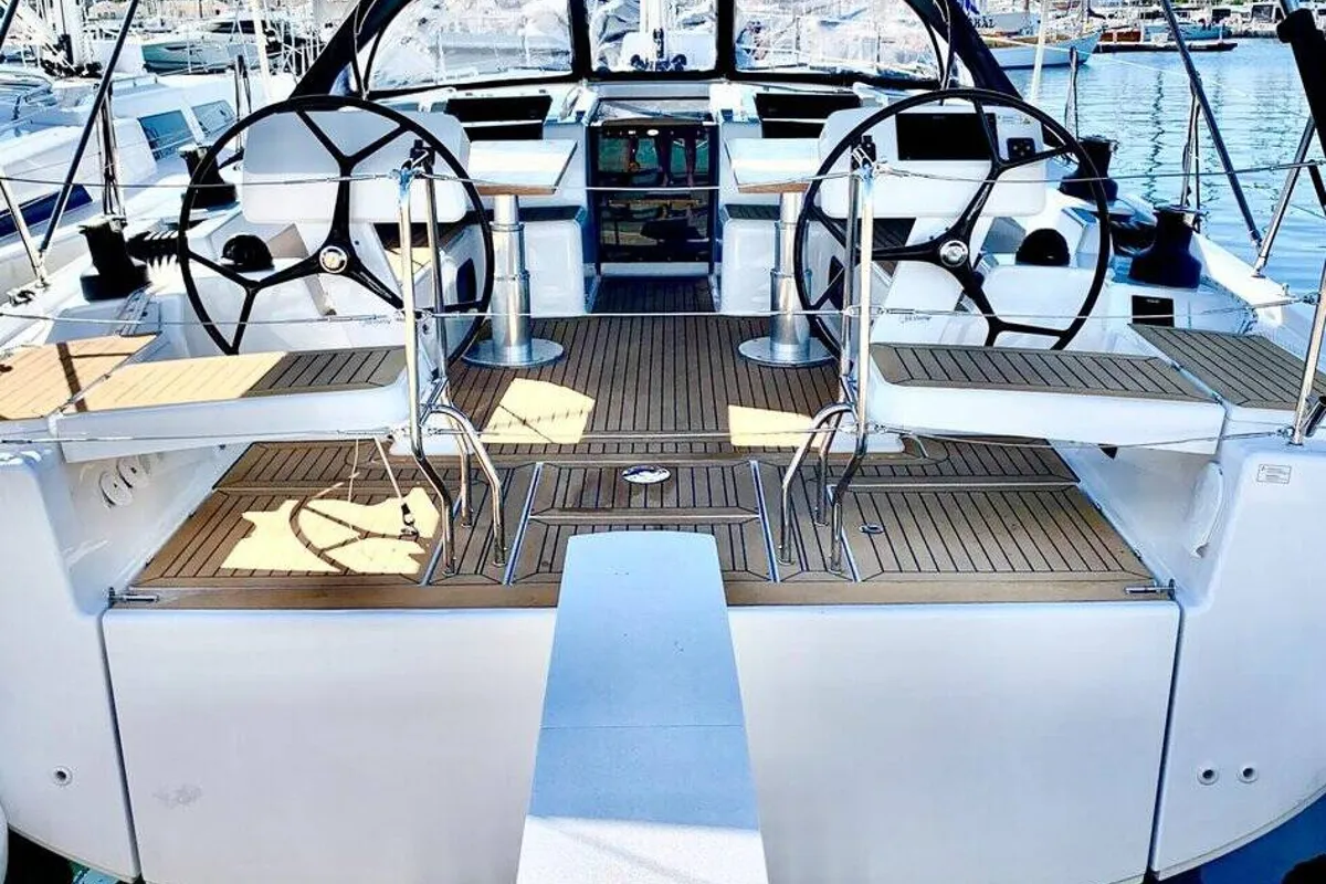 Deck of Neraida, a Hanse Yachts Hanse 508 sailboat at Municipal Unit of Lefkada, Greece