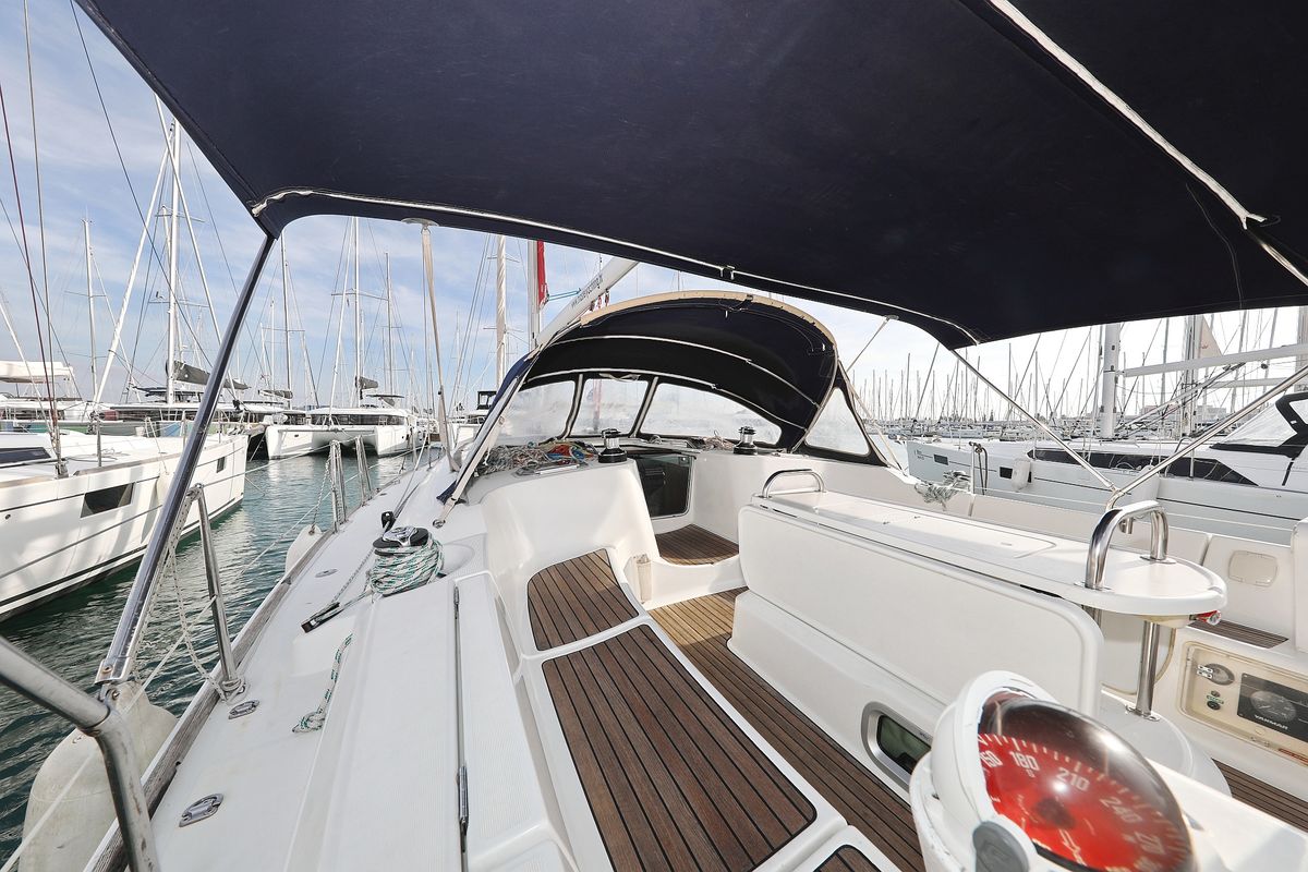 Deck of LEJLA, a Jeanneau Sun Odyssey 45 sailboat at Općina Sukošan, Croatia