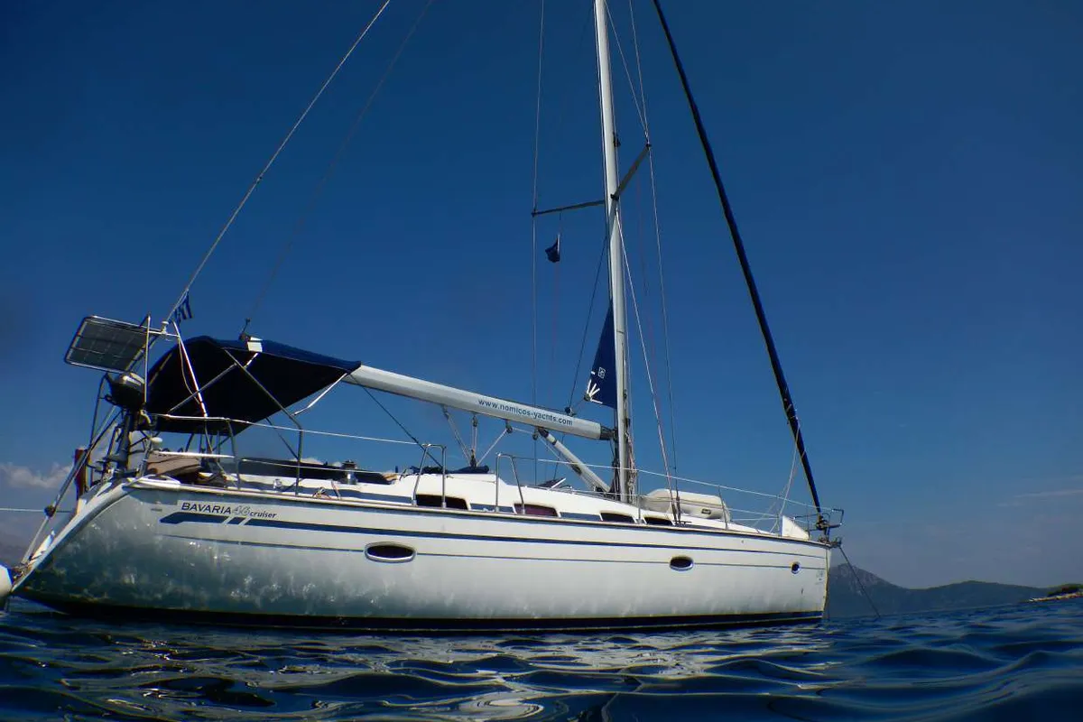 Exterior view of Lila, a Bavaria 46 Cruiser sailboat at Zakynthos, Greece