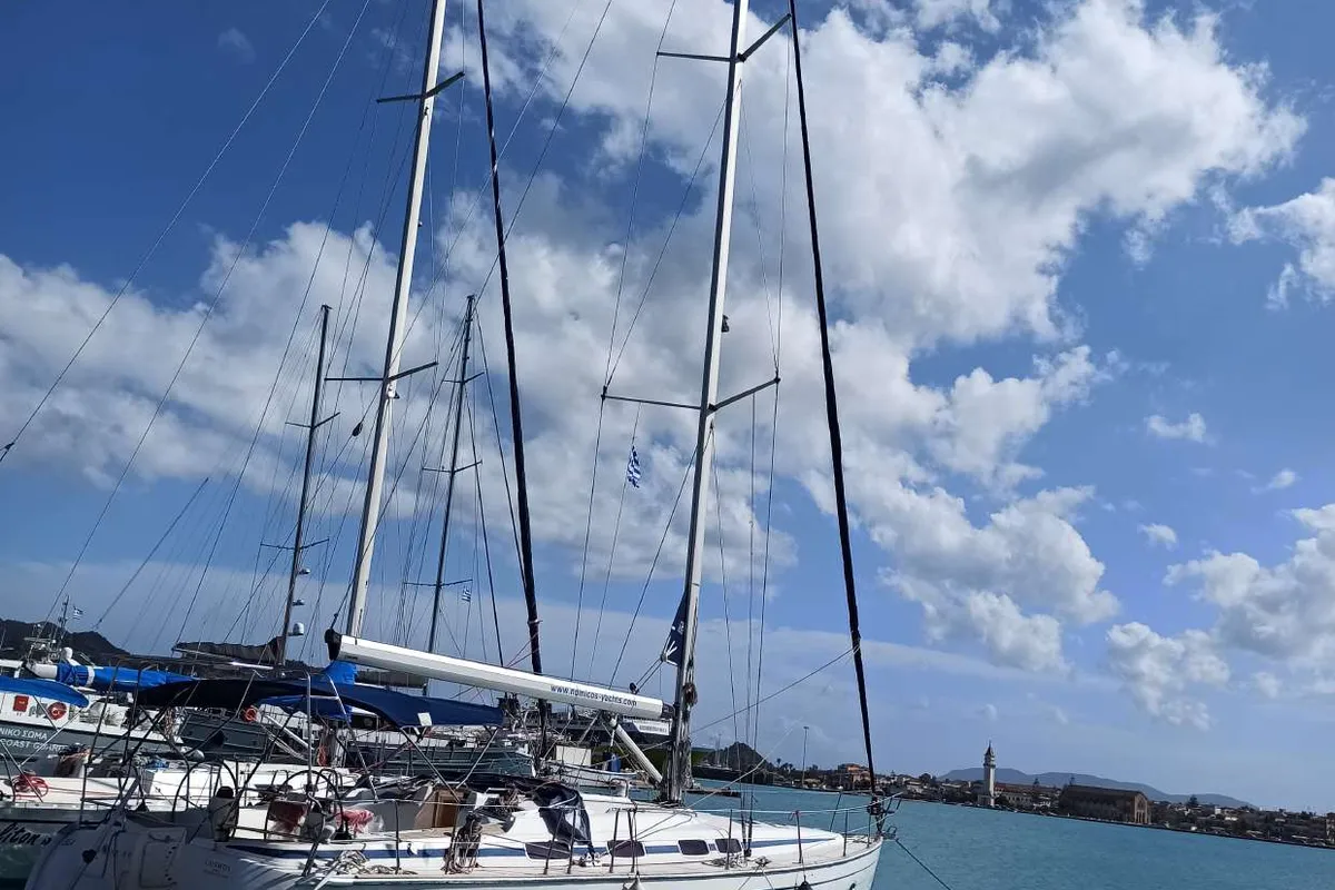 Exterior view of Lila, a Bavaria 46 Cruiser sailboat at Zakynthos, Greece