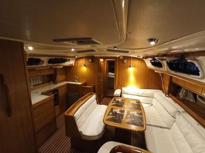 Salon of Lila, a Bavaria 46 Cruiser sailboat at Zakynthos, Greece