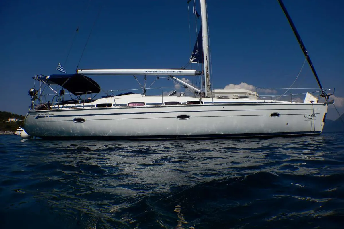 Exterior view of Lila, a Bavaria 46 Cruiser sailboat at Zakynthos, Greece