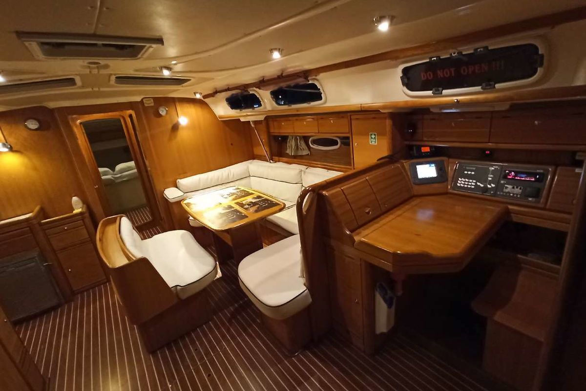 Salon of Lila, a Bavaria 46 Cruiser sailboat at Zakynthos, Greece