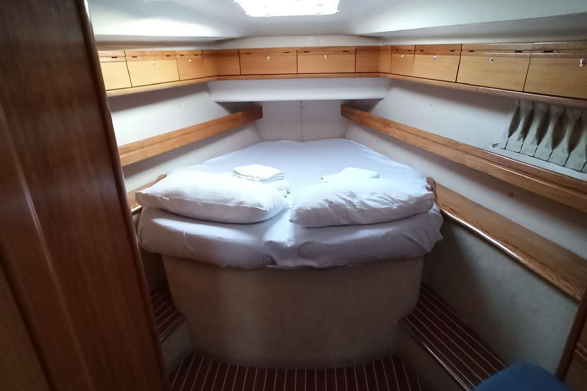 Cabin on Lila, a Bavaria 46 Cruiser sailboat at Zakynthos, Greece