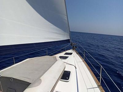 Deck of Lila, a Bavaria 46 Cruiser sailboat at Zakynthos, Greece