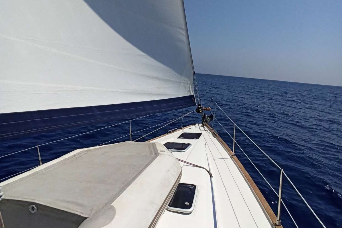 Deck of Lila, a Bavaria 46 Cruiser sailboat at Zakynthos, Greece