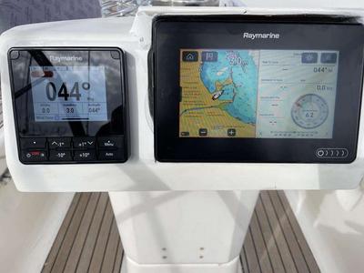 Cockpit of Lila, a Bavaria 46 Cruiser sailboat at Zakynthos, Greece