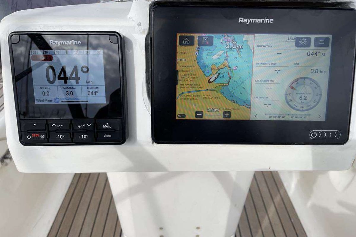 Cockpit of Lila, a Bavaria 46 Cruiser sailboat at Zakynthos, Greece