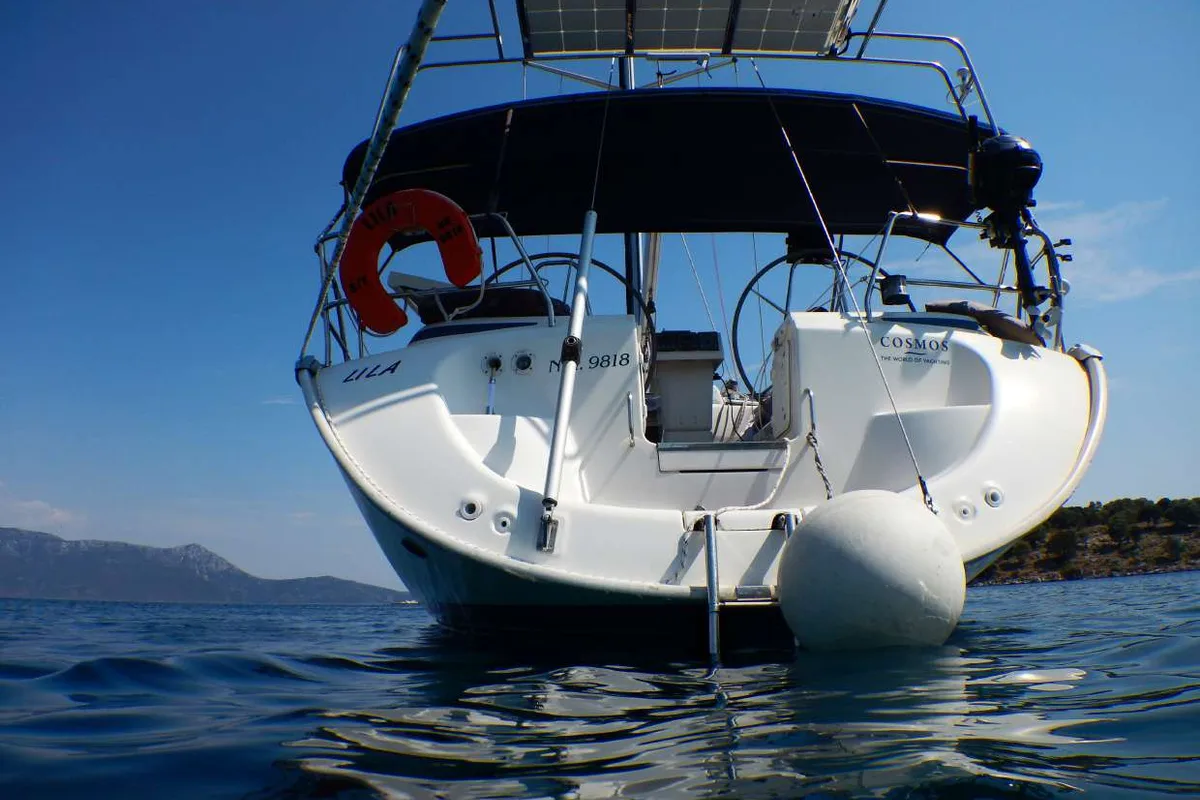 Exterior view of Lila, a Bavaria 46 Cruiser sailboat at Zakynthos, Greece