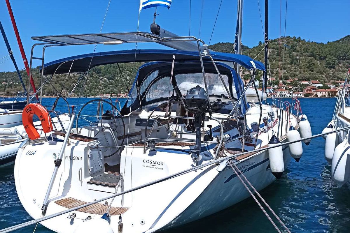 Exterior view of Lila, a Bavaria 46 Cruiser sailboat at Zakynthos, Greece