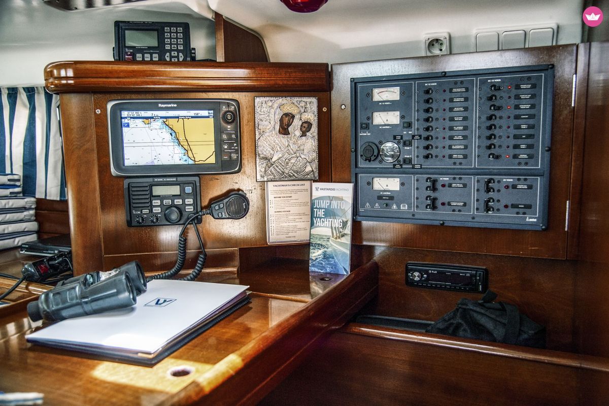 Cockpit of IRIDA, a Beneteau Oceanis 473 sailboat at Marina Delta Kallithea, Greece