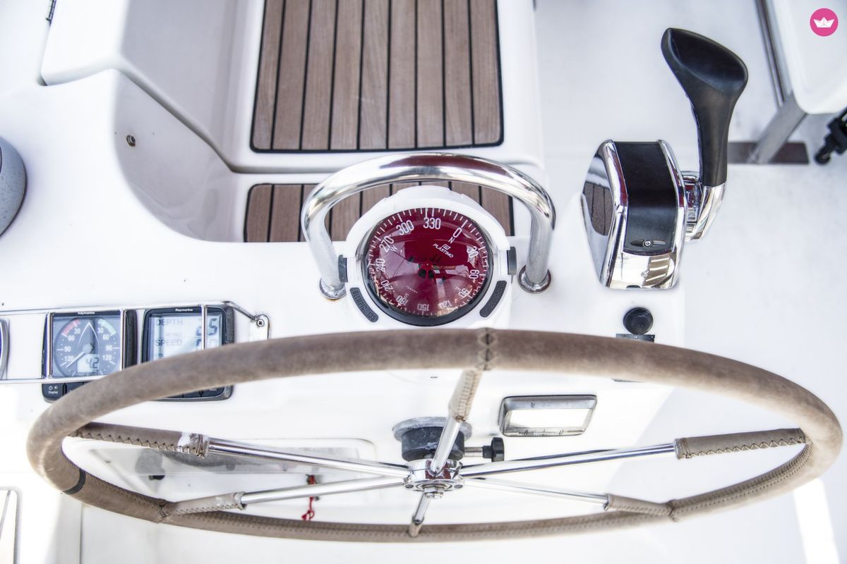 Cockpit of IRIDA, a Beneteau Oceanis 473 sailboat at Marina Delta Kallithea, Greece