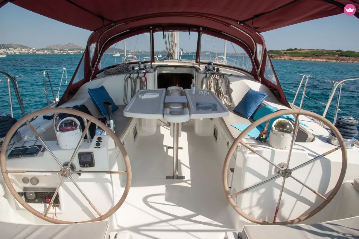 Cockpit of IRIDA, a Beneteau Oceanis 473 sailboat at Marina Delta Kallithea, Greece