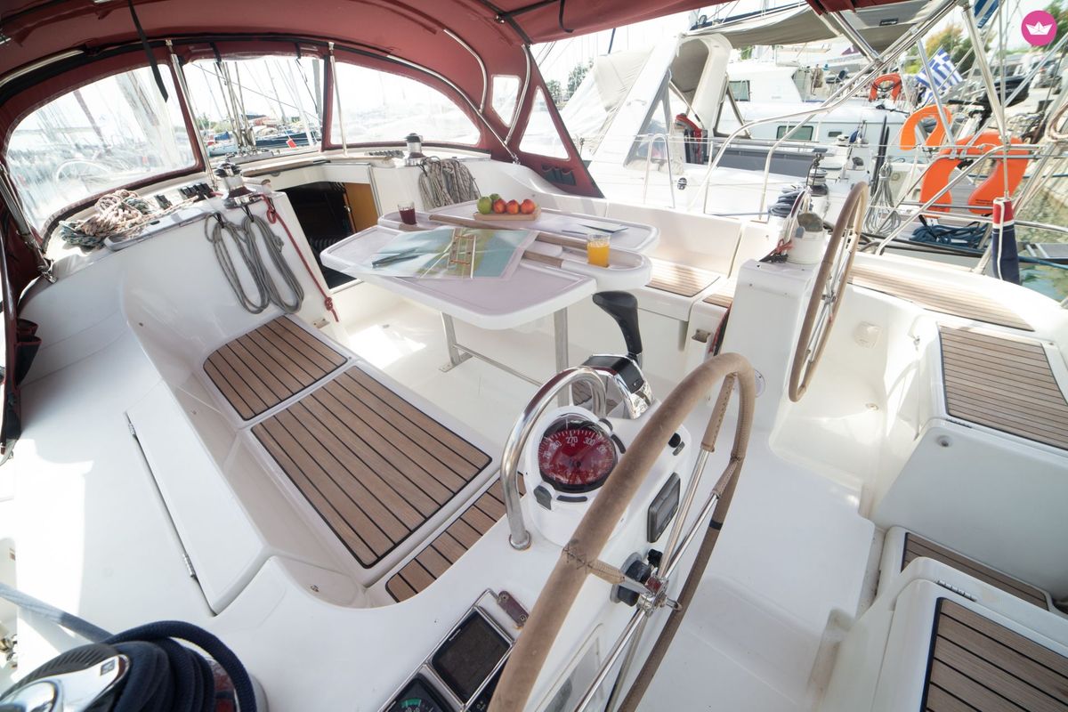 Cockpit of IRIDA, a Beneteau Oceanis 473 sailboat at Marina Delta Kallithea, Greece