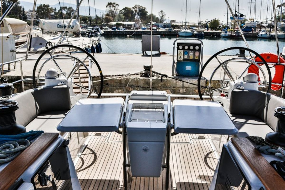 Cockpit of Promise, a Jeanneau Sun Odyssey 509 sailboat at Athens, Greece