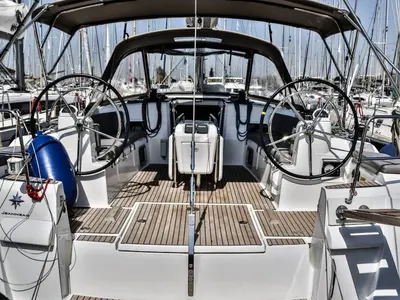 Cockpit of Promise, a Jeanneau Sun Odyssey 509 sailboat at Athens, Greece