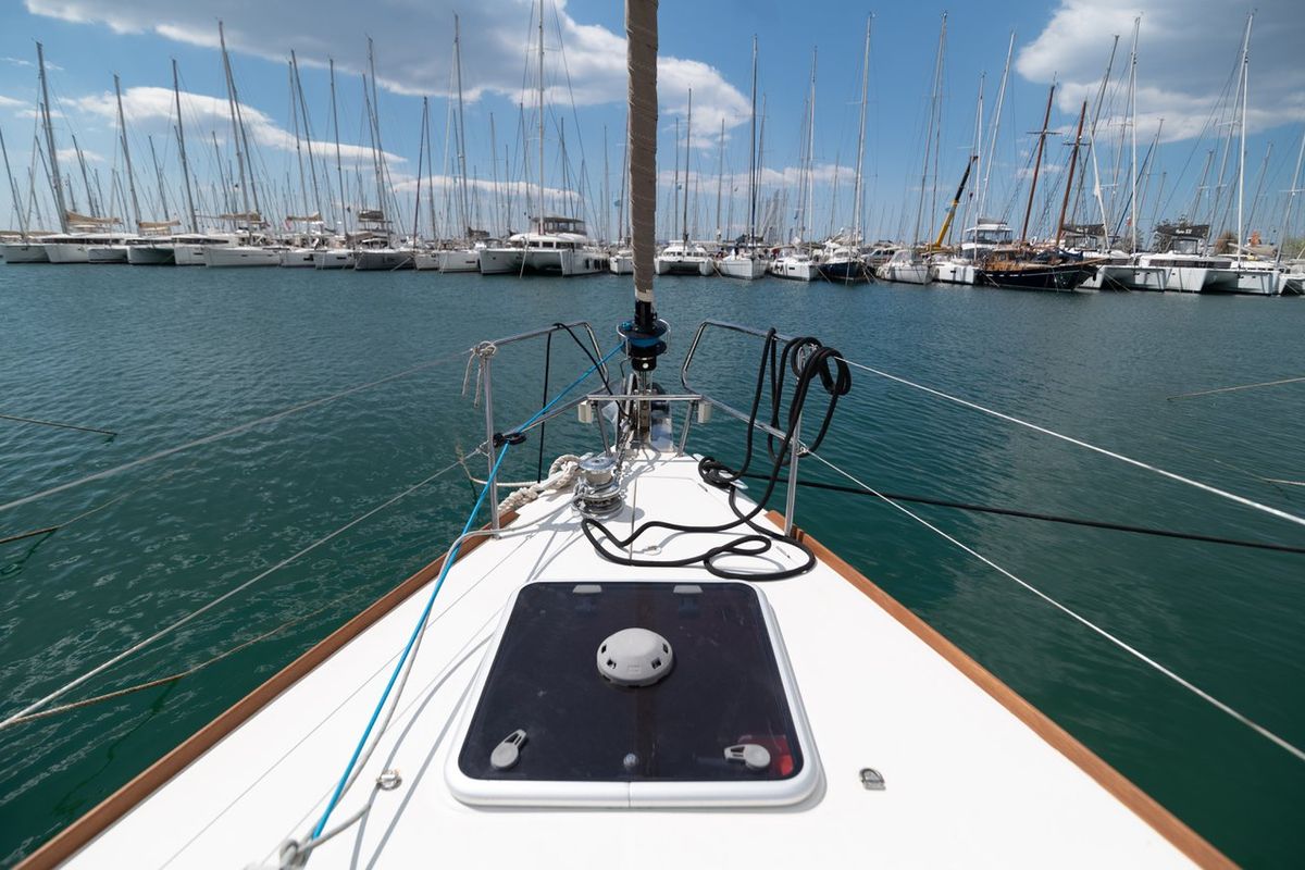 Deck of Promise, a Jeanneau Sun Odyssey 509 sailboat at Athens, Greece